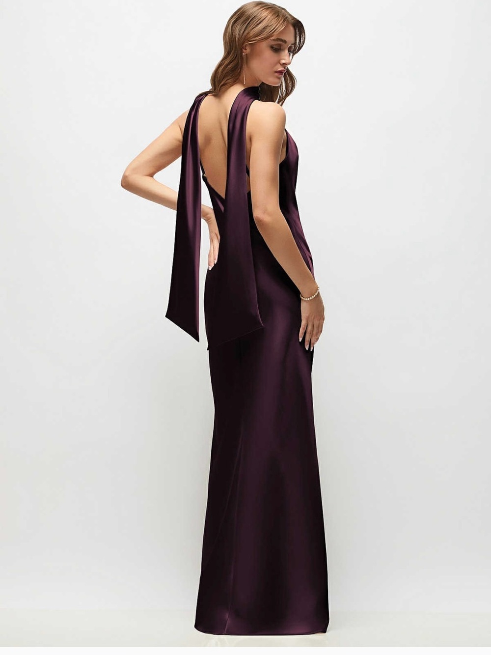 Dessy Elegant Womens Satin Backless Gown in Deep Plum- NWT